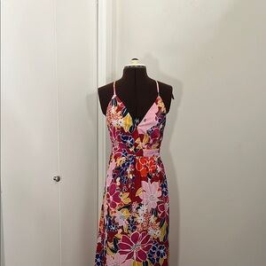 Floral Pink Maxi Dress Red Orange Blue side Slit Summer garden party